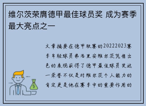 维尔茨荣膺德甲最佳球员奖 成为赛季最大亮点之一